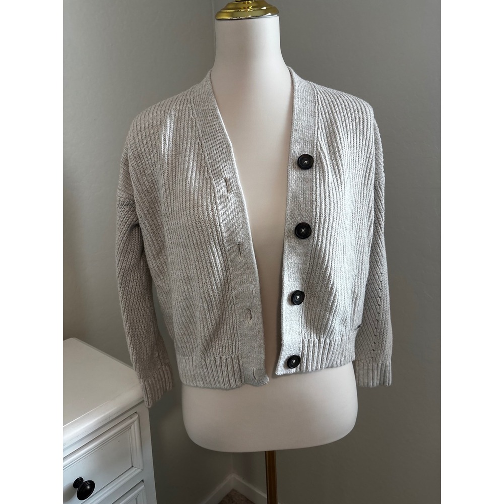 Hollister Womens Light Grey Chunky Ribbed Knit Cropped Button Up Cardigan Small